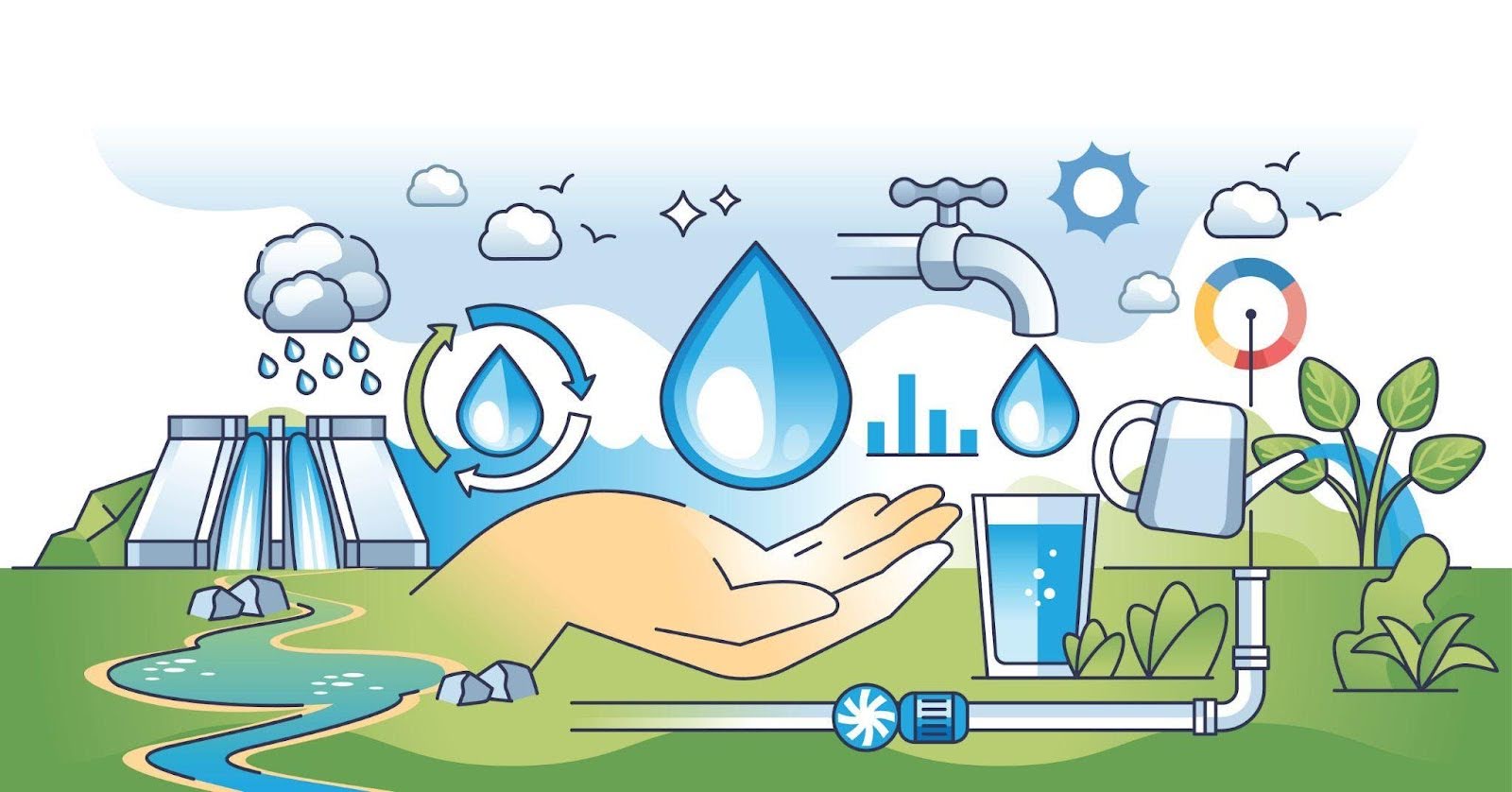 Illustration of water conservation with droplets and eco-friendly symbols