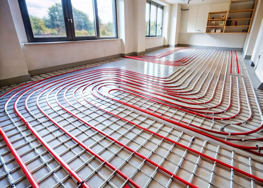 Underfloor heating system with red pipes installed over a mesh base in a room with large windows.