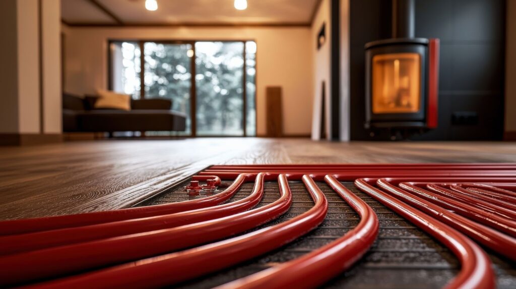 Radiant floor heating system with red pipes installed under wooden flooring, with a cozy room and fireplace in the background.