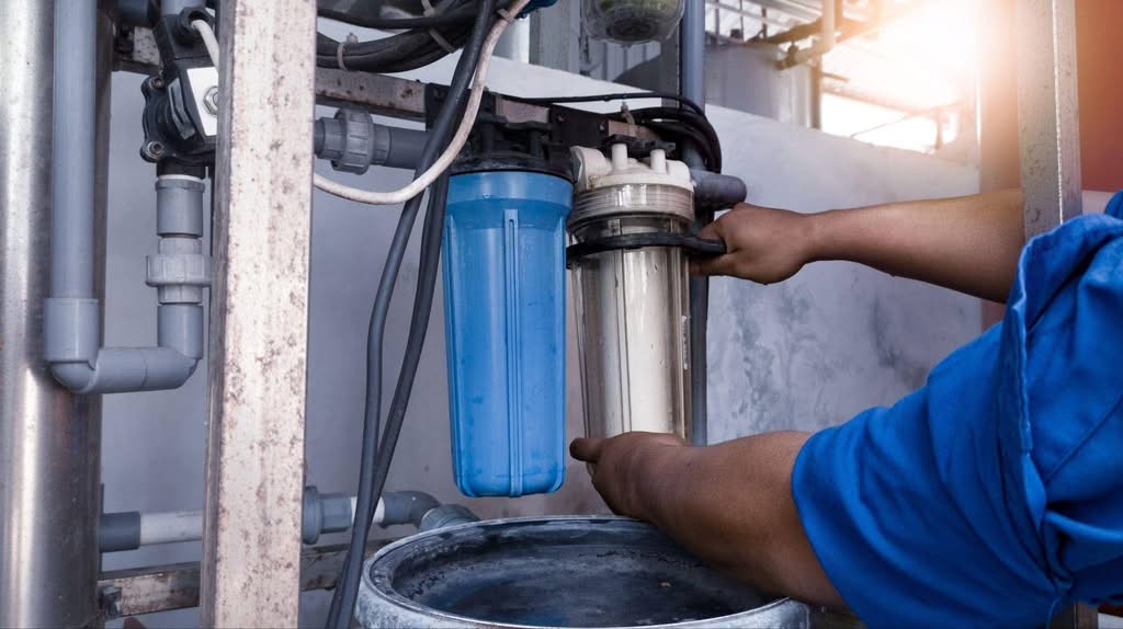 A man in a blue shirt displays a water filter showcasing its design and functionality in a bright setting
