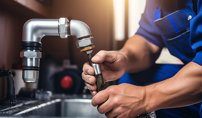 A Plumber Using Water Leak Detection Tools To Fix A Sink Faucet