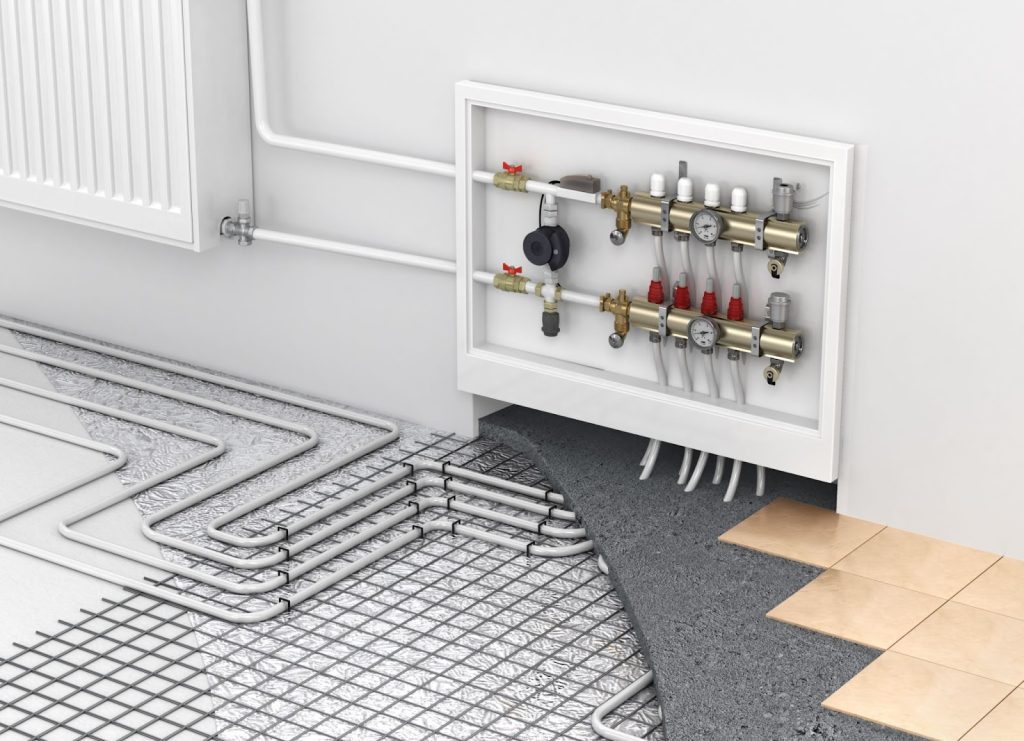 A room with radiant heating system and pipes installed for efficient heating