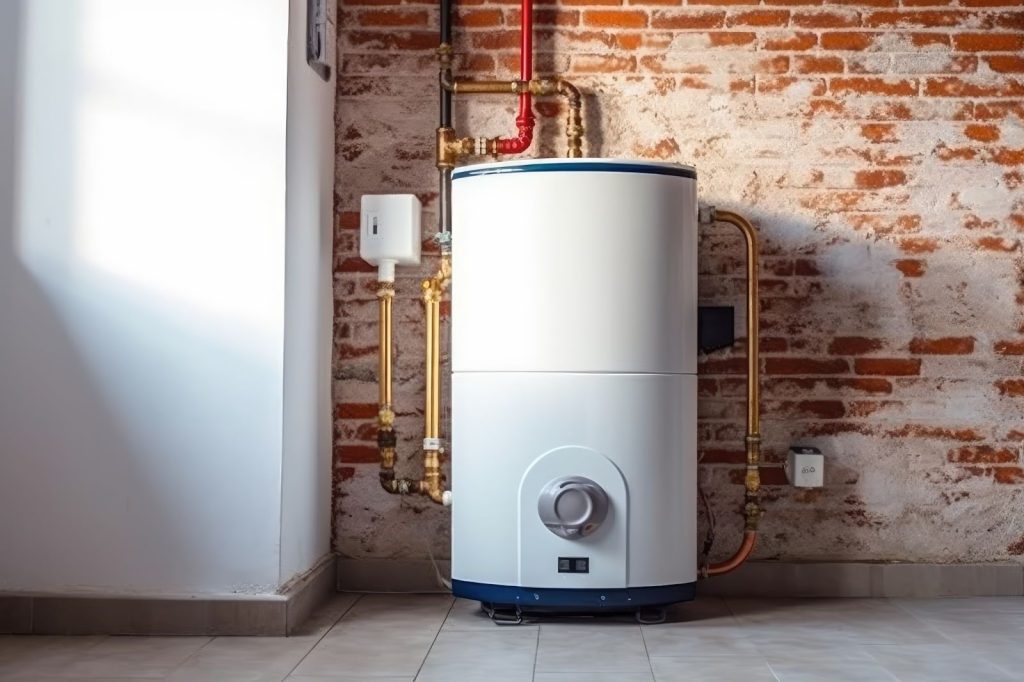 A white water heater in a room, water heater bursts in an apartment