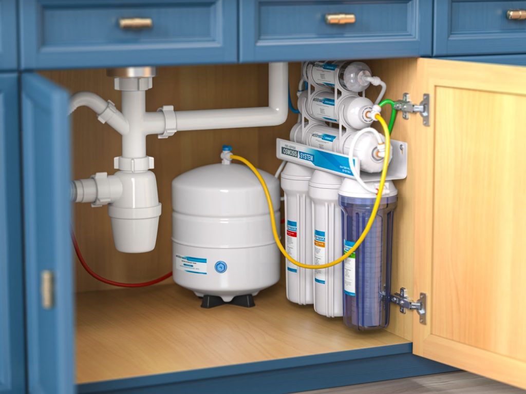 Kitchen sink with water filter and dispenser for residential water treatment