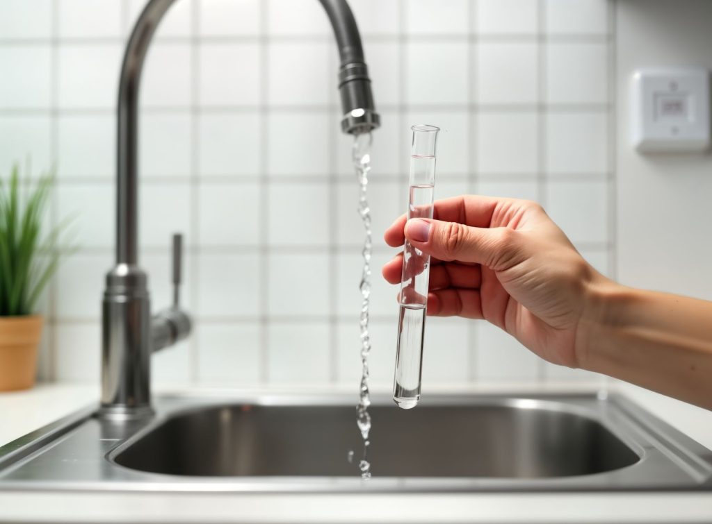 Hand holding a test tube under a kitchen faucet filling with water over a sink.