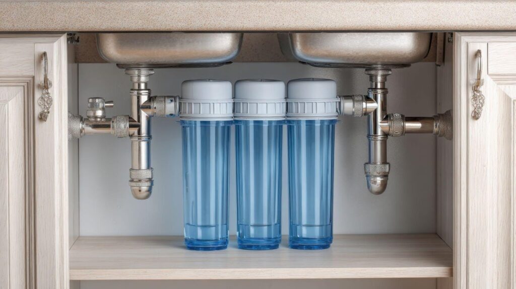 A kitchen sink featuring two water filters and two separate basins for efficient water use and filtration