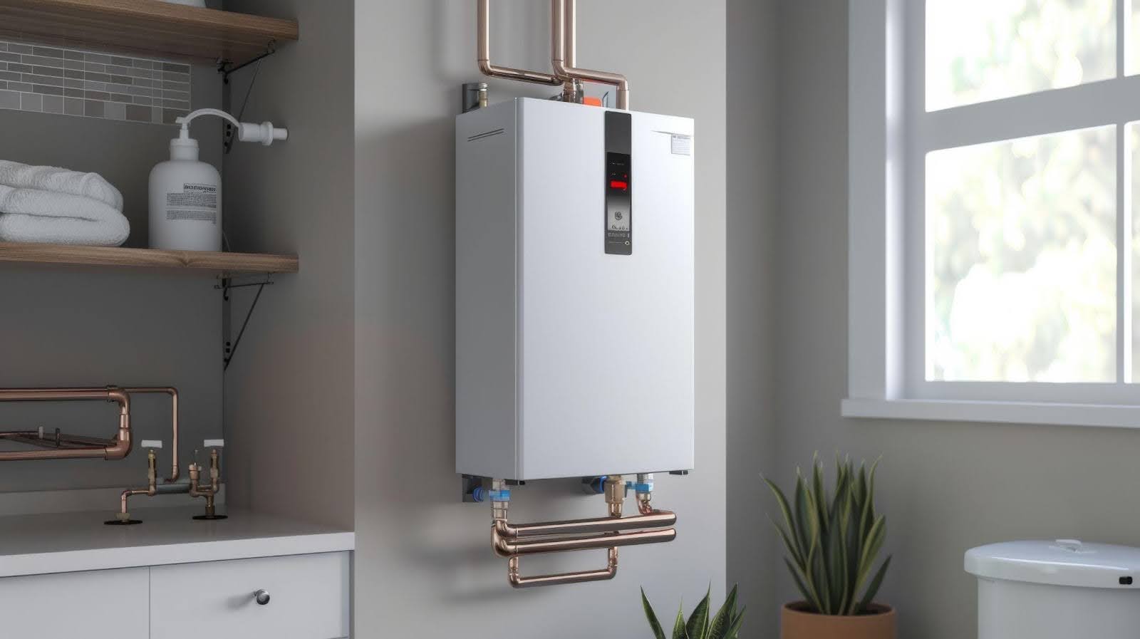 A stylish water heater mounted on the wall in a modern bathroom environment
