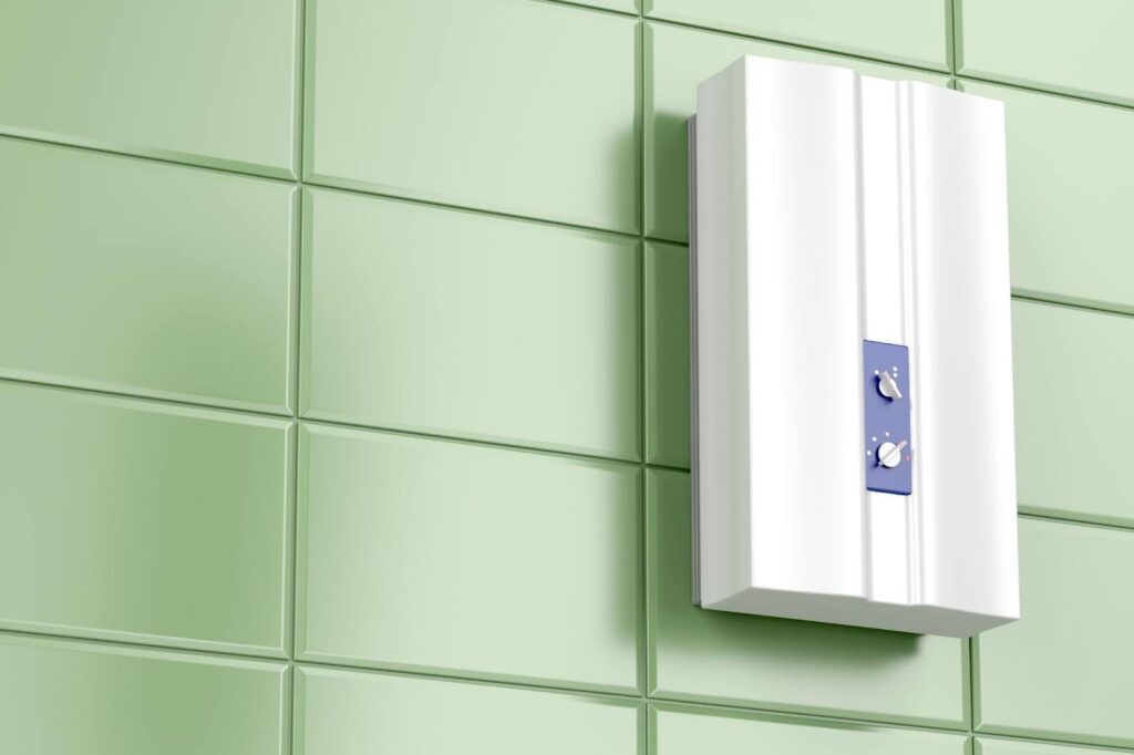 A white electronic device affixed to a green tiled wall blending technology with vibrant tile design