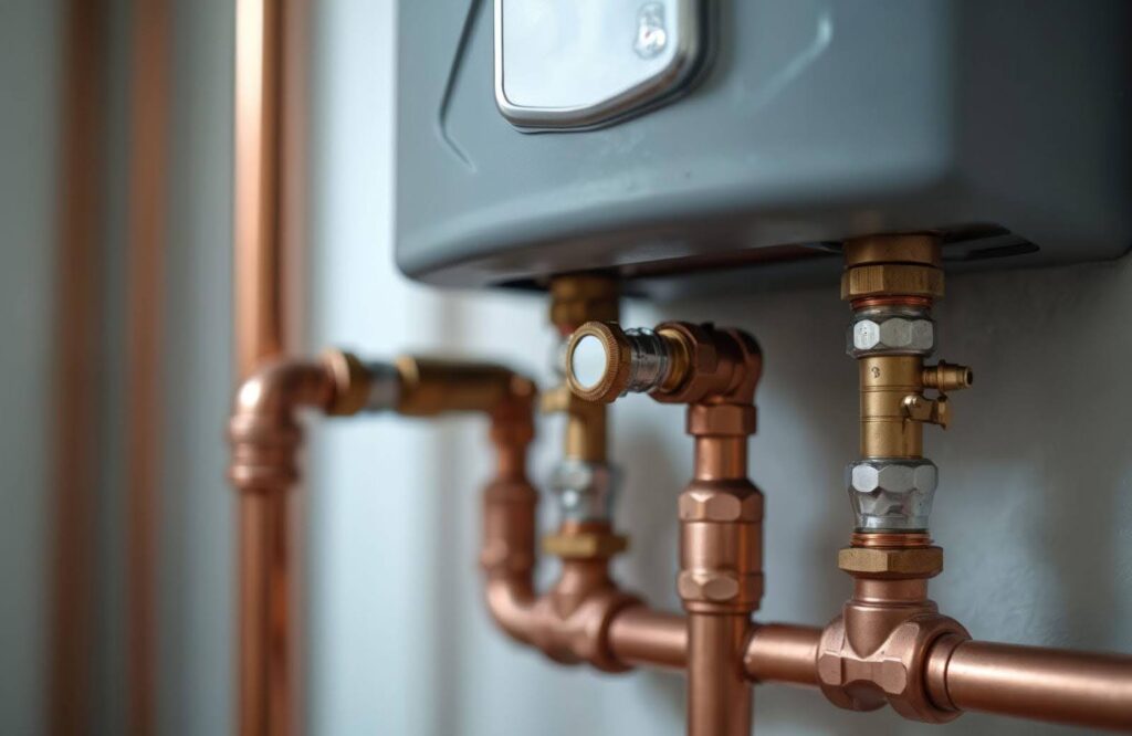 Close-up of a gas water heater focusing on the tank and temperature settings