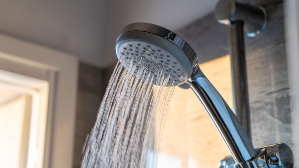 A shower head with water running off it, highlighting the flow and functionality of the fixture.