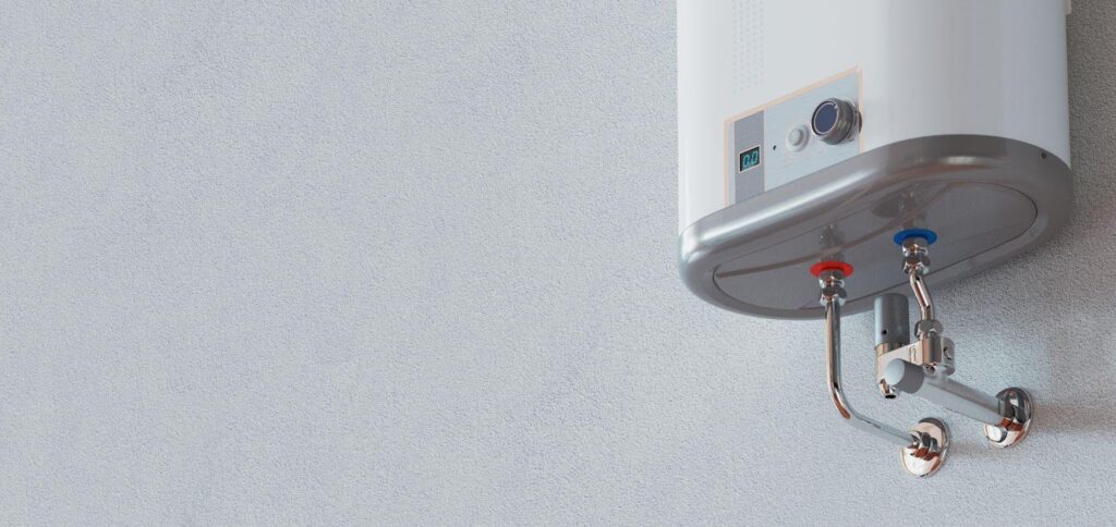 A wall-mounted white water heater illustrating its efficient use of space in a residential setting