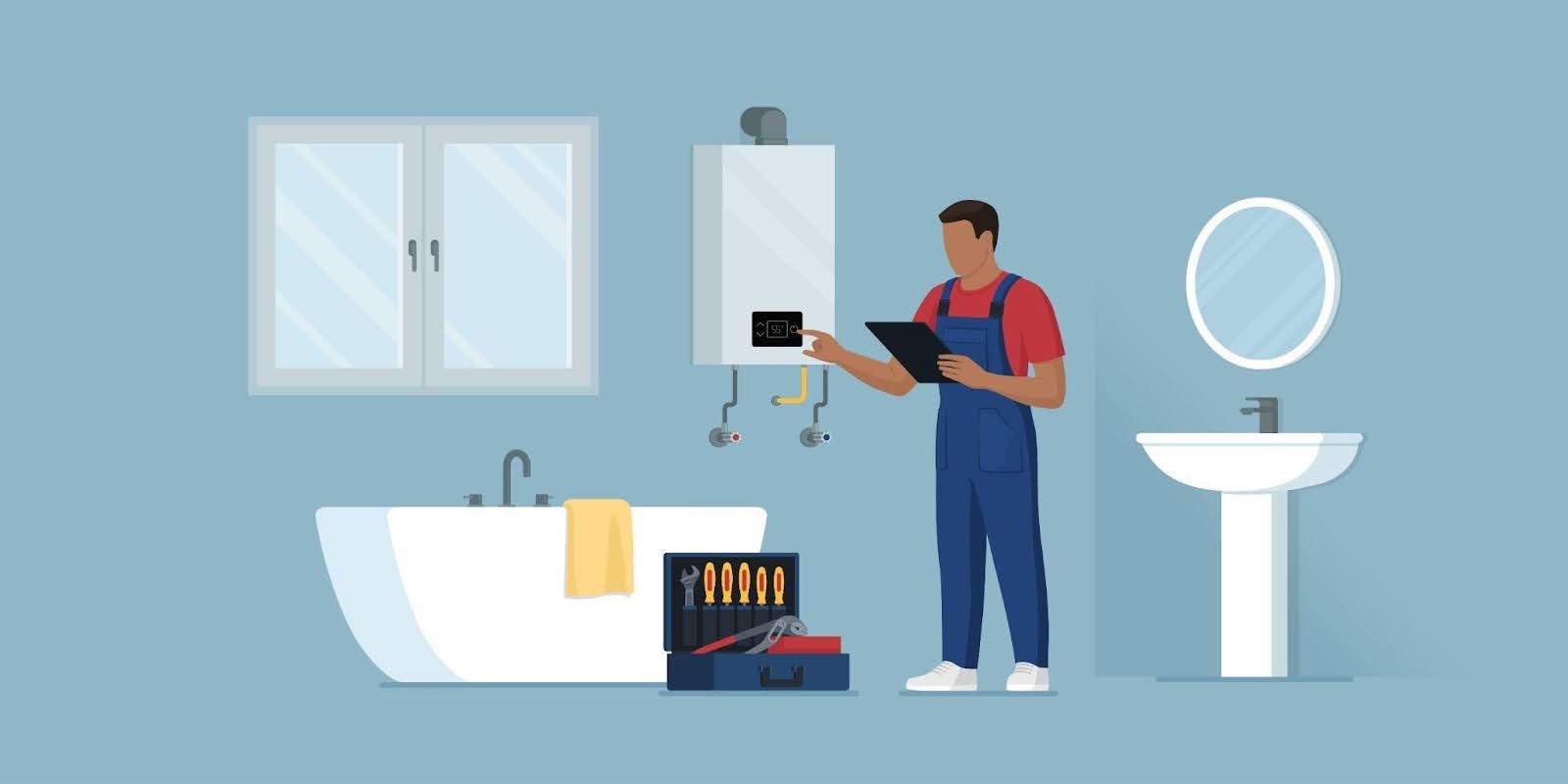 A man in overalls stands beside a bathroom sink looking at the mirror with a thoughtful expression