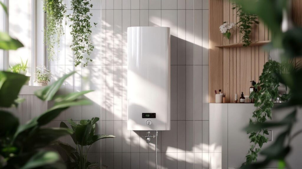A white water heater in a bathroom with indoor plants