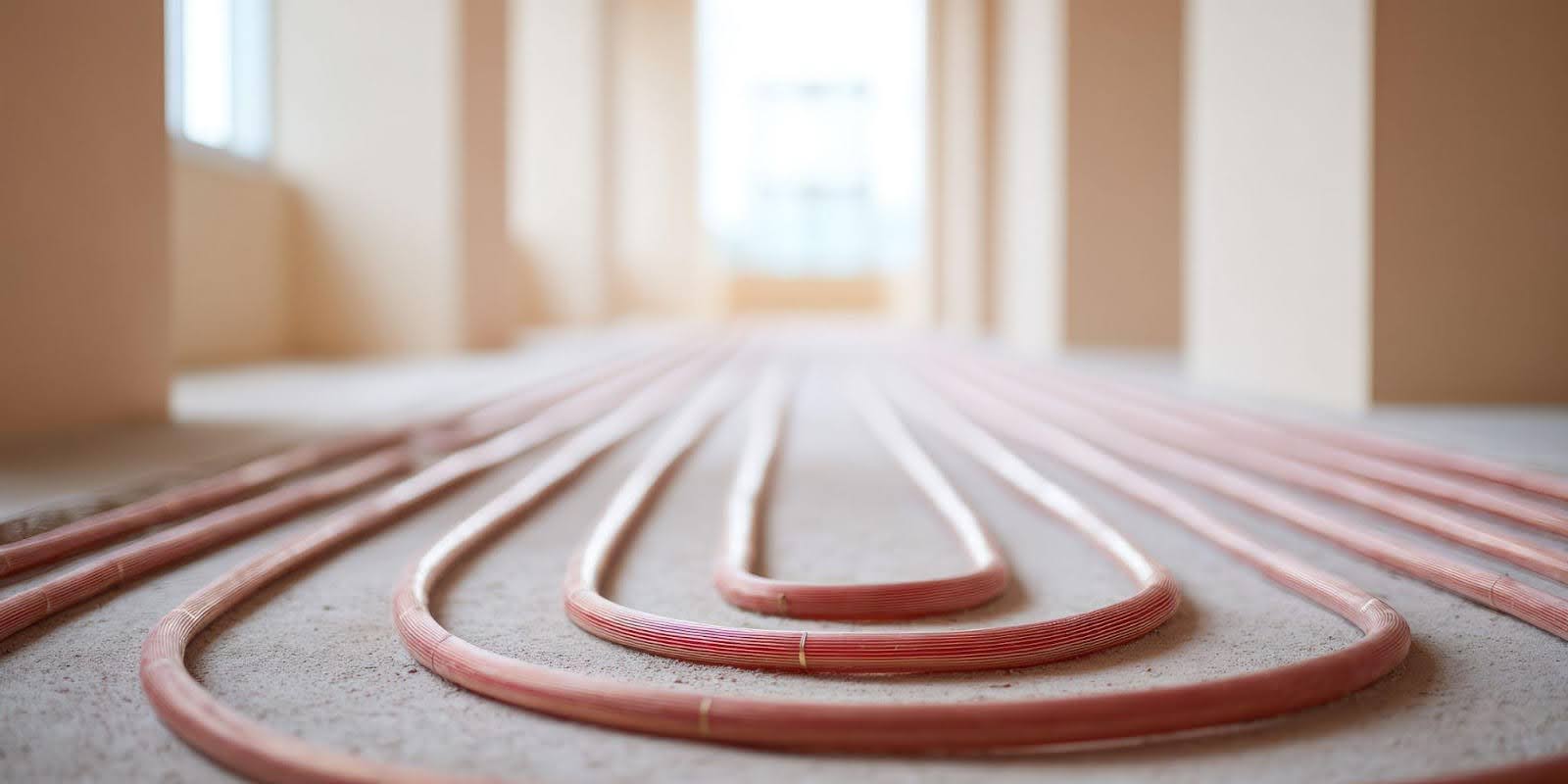Close-up of a room with intricate heating pipes along the walls and floor