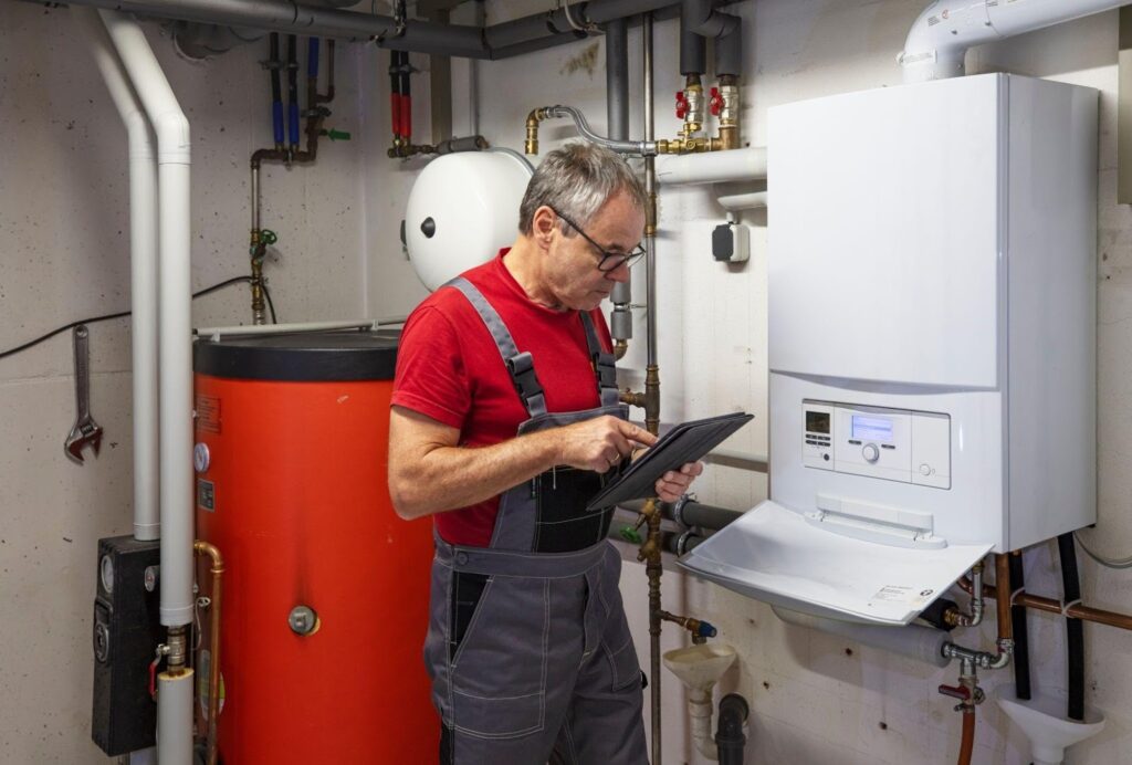 A man wearing overalls stands next to a gas boiler indicating a maintenance or installation scenario