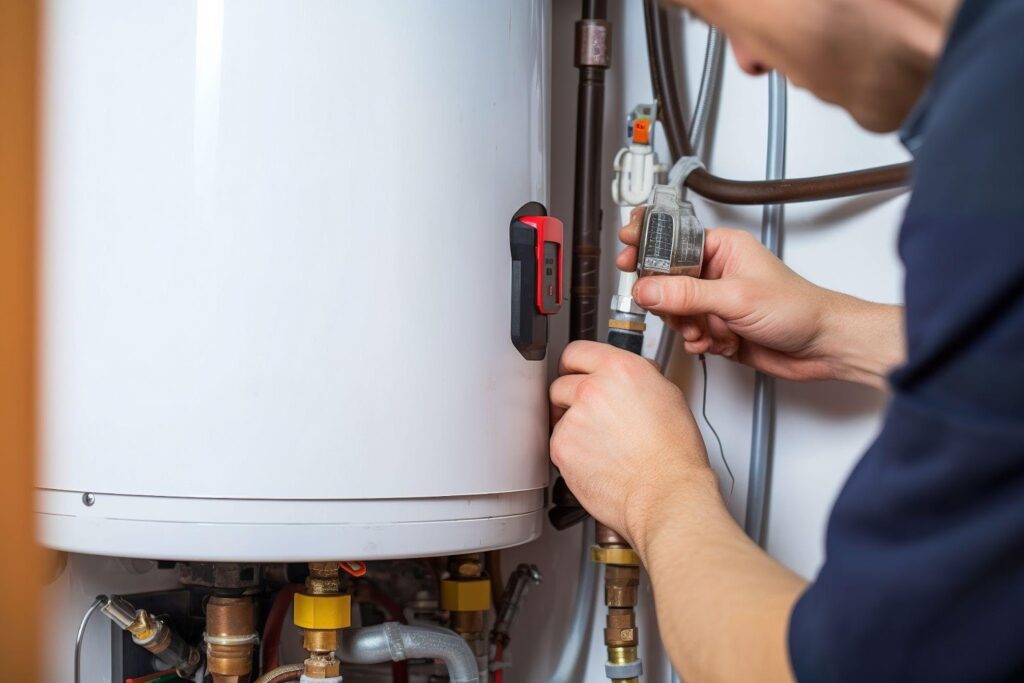 A man is repairing a water heater focused on the task with tools in hand and parts nearby