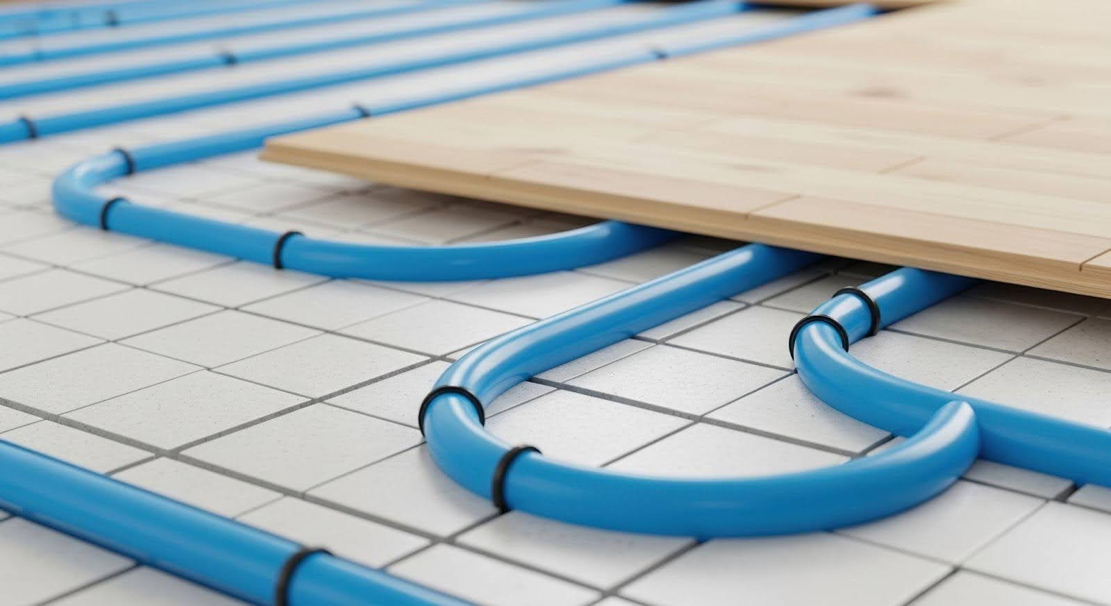 A floor heating system featuring blue pipes arranged across a surface for efficient heat distribution