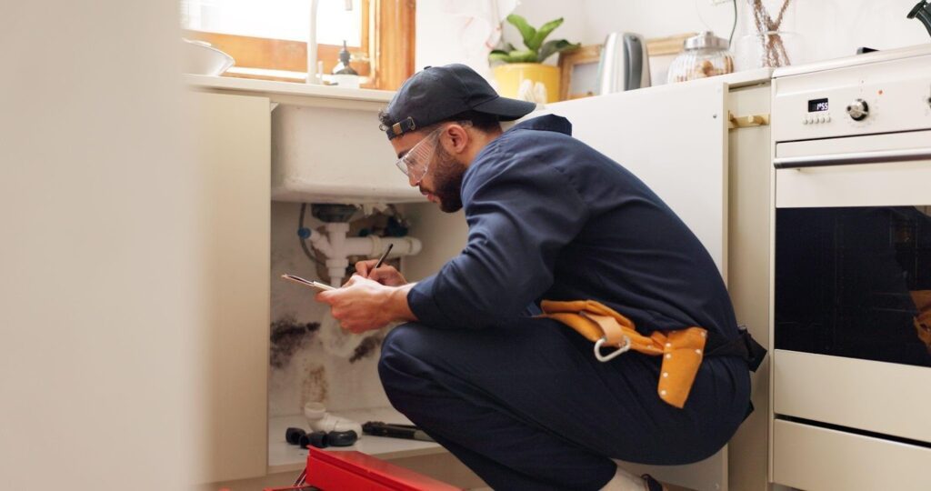 A man in a blue shirt and overalls repairs a sink focused on fixing the plumbing issue