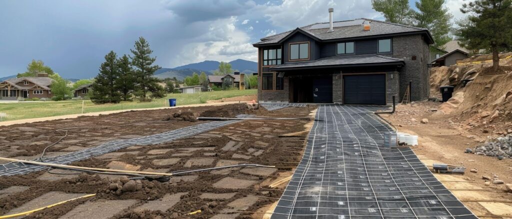 A construction site showing a house being built with concrete and gravel materials
