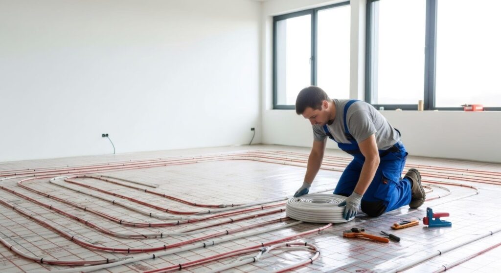 A man working diligently on a floor heating system adjusting components and preparing for installation