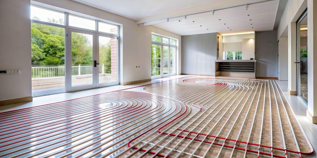 A room featuring visible heating pipes alongside a modern floor heating system for efficient warmth distribution