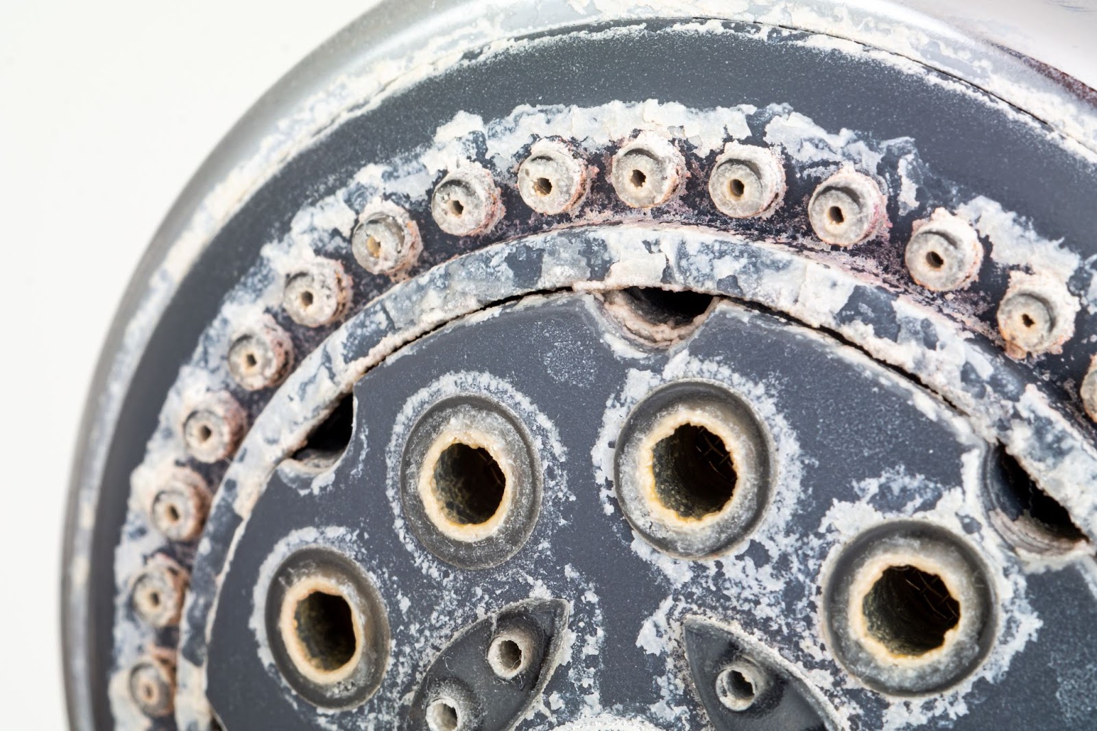 A close-up view of a black showerhead heavily encrusted with white mineral deposits and limescale.