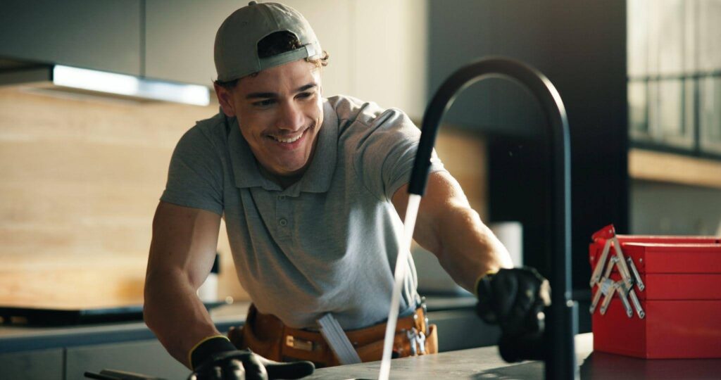 A smiling man is working on a kitchen sink focused on his task with tools nearby