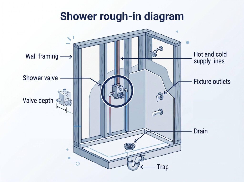 Detailed diagram of a shower rough in highlighting essential parts like valves and connections