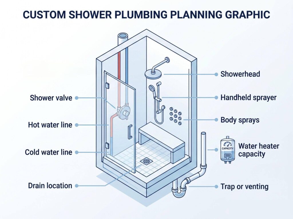 Diagram of a shower plumbing system including pipes and fixtures