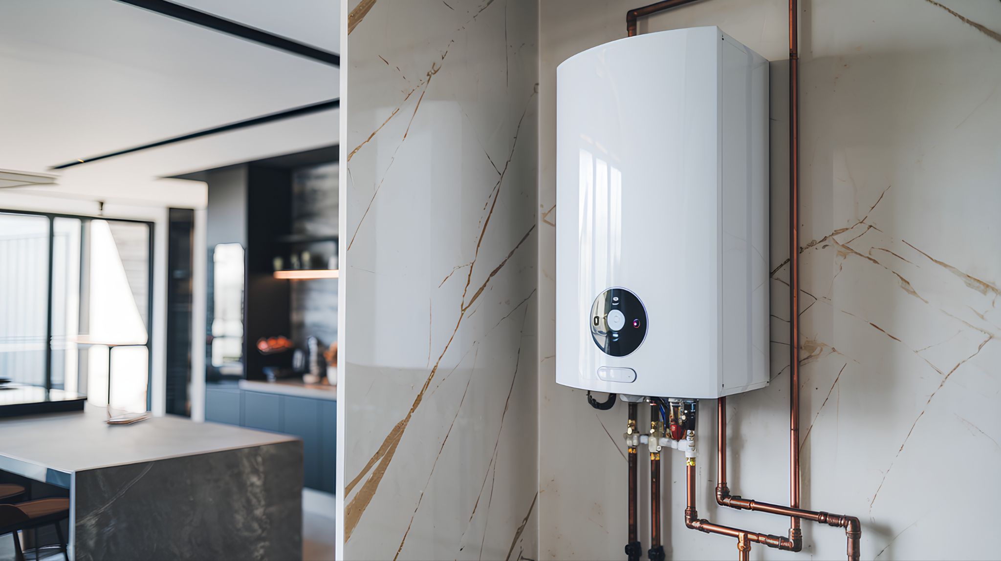 Modern wall-mounted tankless water heater with copper piping installed on a marble wall.
