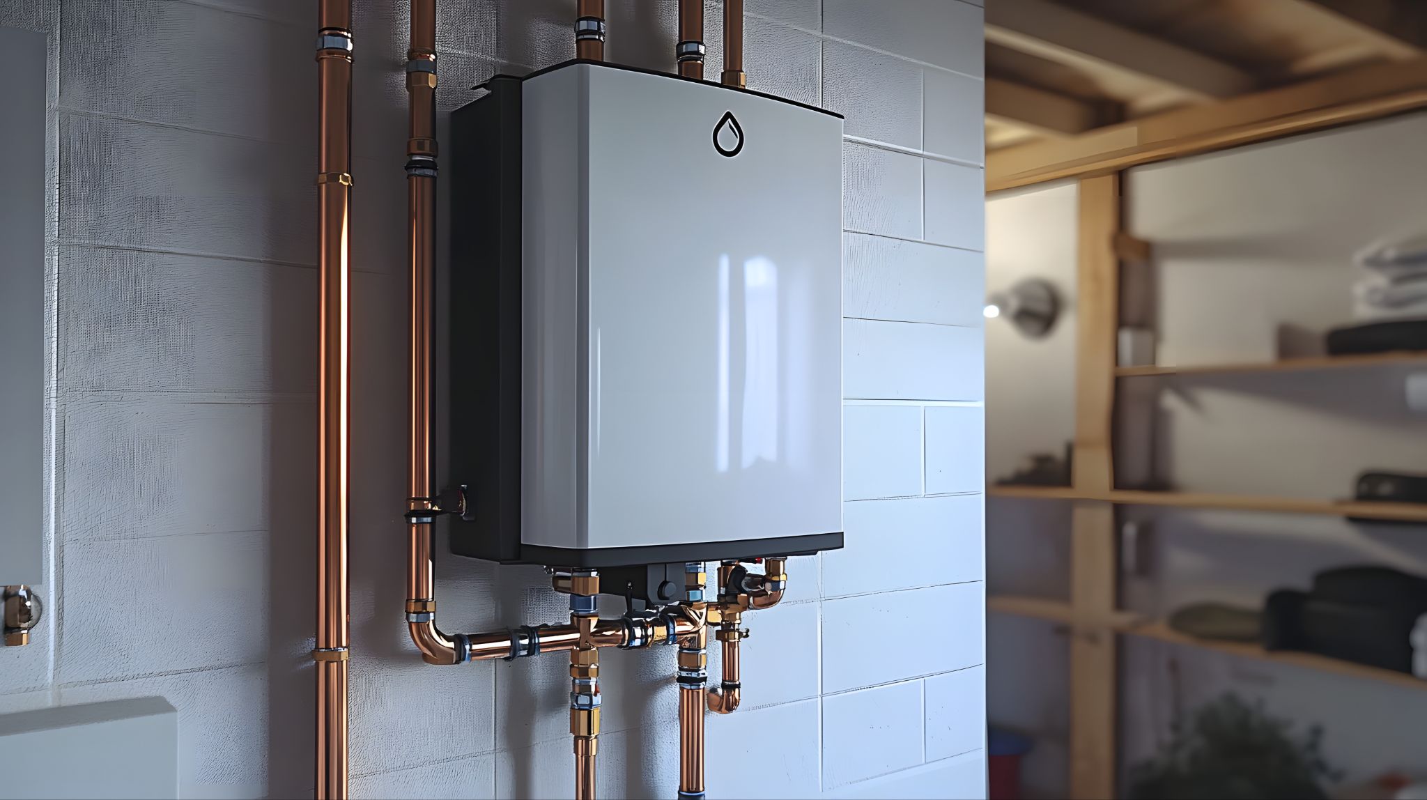 Sleek white tankless water heater mounted on a tiled wall with exposed copper plumbing pipes.