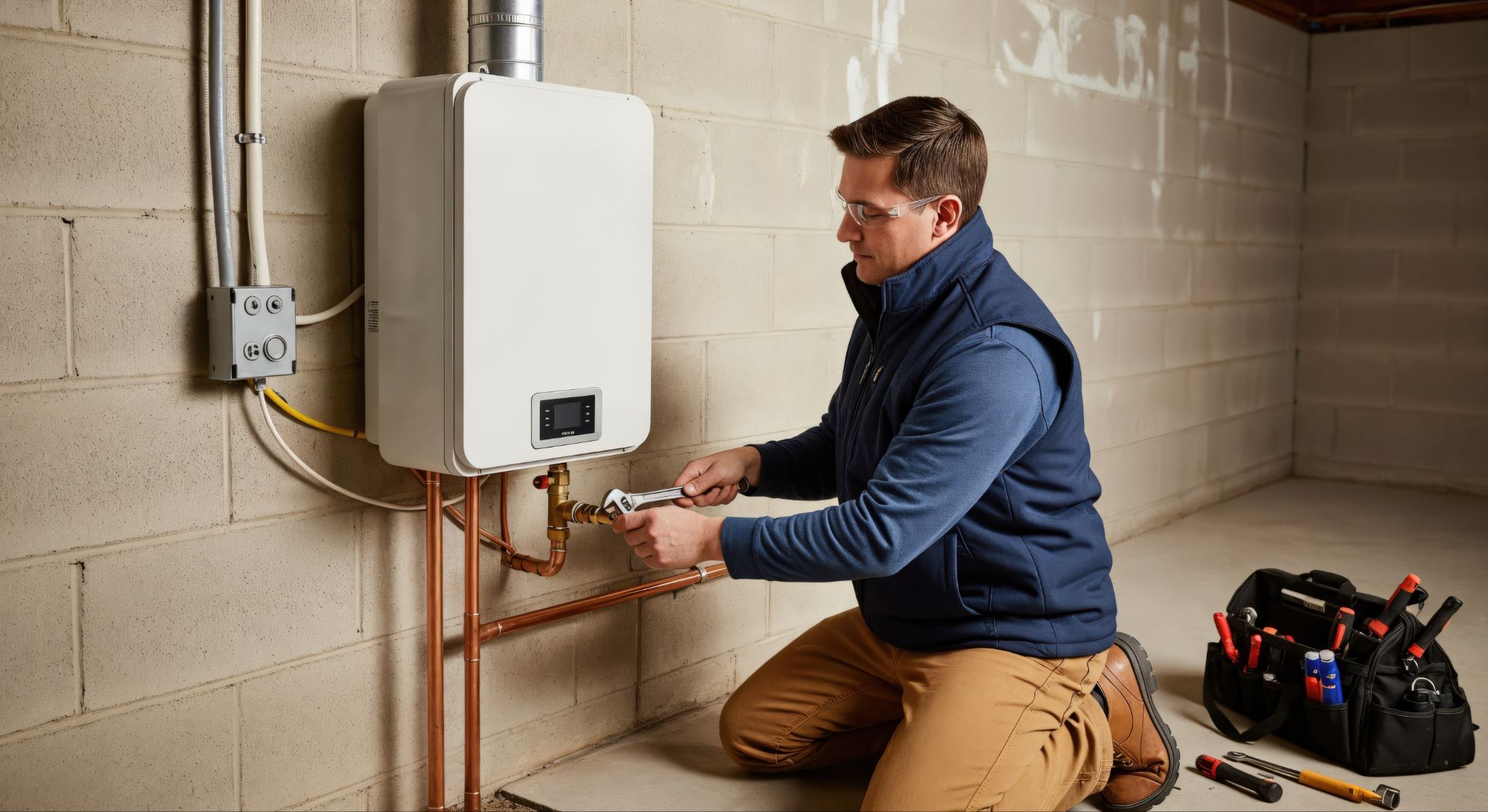 Technician kneeling to tighten pipe fittings on a wall-mounted tankless water heater with a wrench.