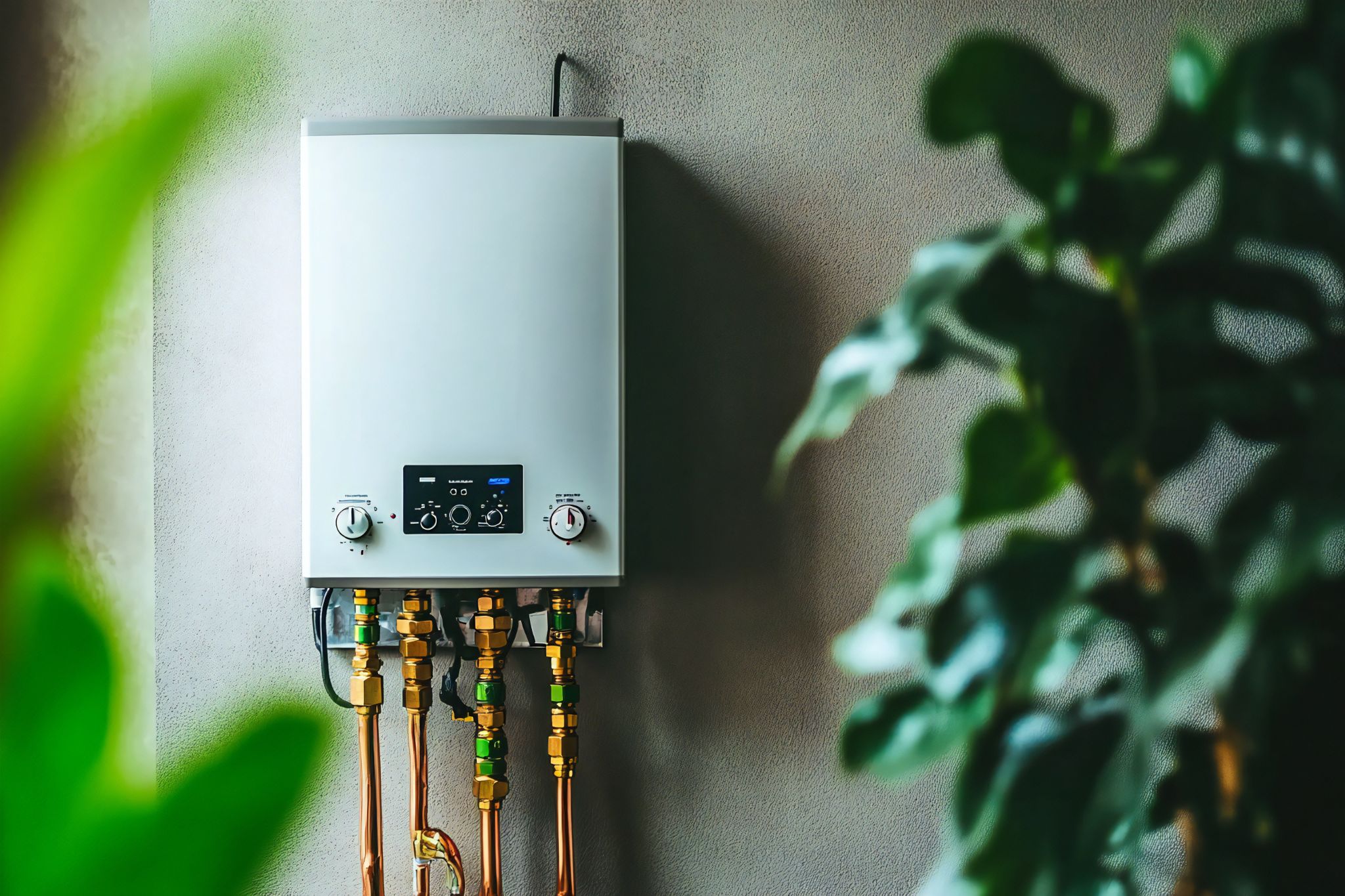 Wall-mounted tankless water heater with brass and copper pipe fittings framed by green indoor plants.