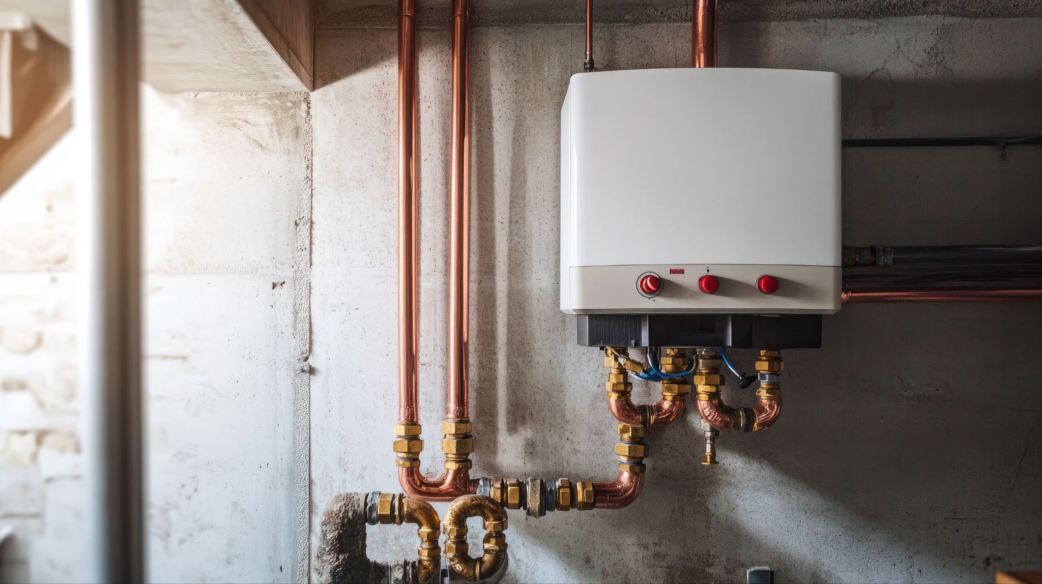 Wall-mounted white tankless water heater with copper pipes installed against a concrete wall.